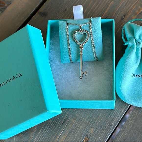 Vintage Tiffany Beaded Sterling & Enamel Key Pendant on chain - Picture 2 of 14